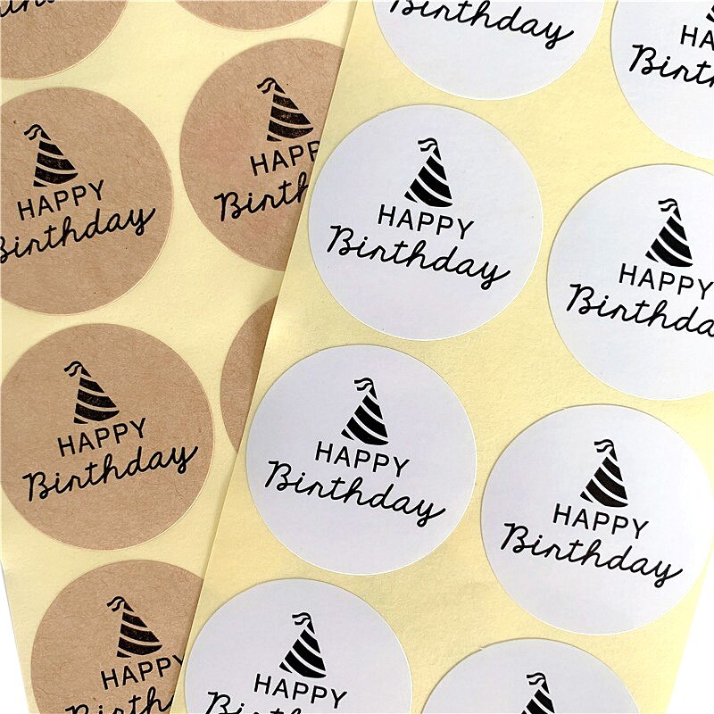 100PCS/lot Round Happy Birthday Kraft paper Sticker for Handmade Products baking seal label