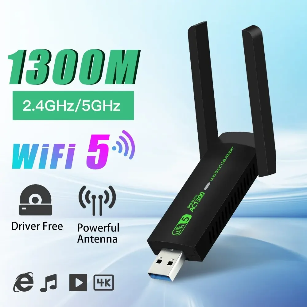 1300Mbps Wireless Network Card Bluetooth 5.0 WiFi USB Adapter Dual Band 2.4G/5.8Ghz Wireless Receiver for Laptop PC Win 8/ 10/11: black