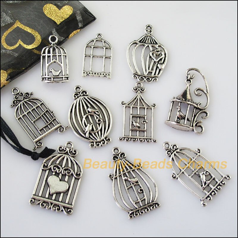 10Pcs Anticato Argento di Colore FAI DA TE/Uccelli Gabbia Misto Pendenti e Ciondoli Pendenti con gemme e perle