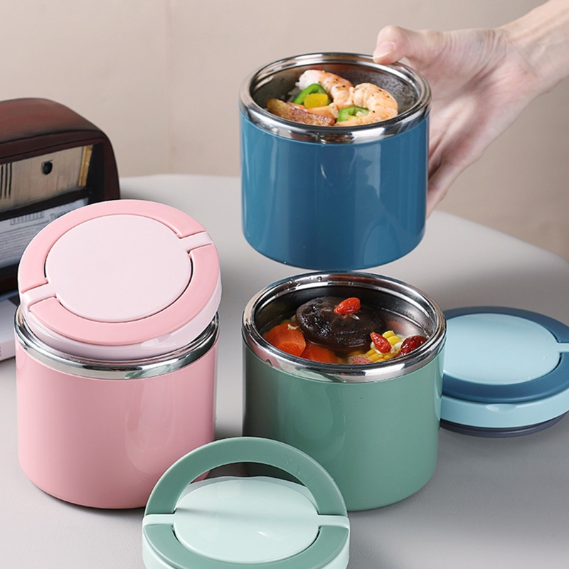 Round Thermal Lunch Box 630/1000ml Insulated Food Container with Lid Soup Jar Milk Cup for Home School Office Picnic