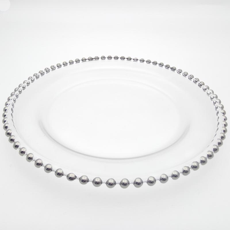 Transparent Tray Knife Fork Spoon Delicate Tableware Set Luxury Pearl Decorative Flat Glass Plate Dinnerware 5pcs/set: Silver plate