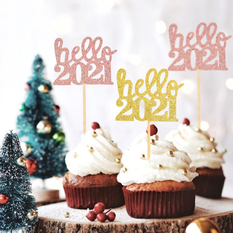 12 Stuks Hello Nieuwjaar Decor Cake Topper Gold Glitter Papier Cupcake Topper Kerst Xmas Party Cake Bakken Decor