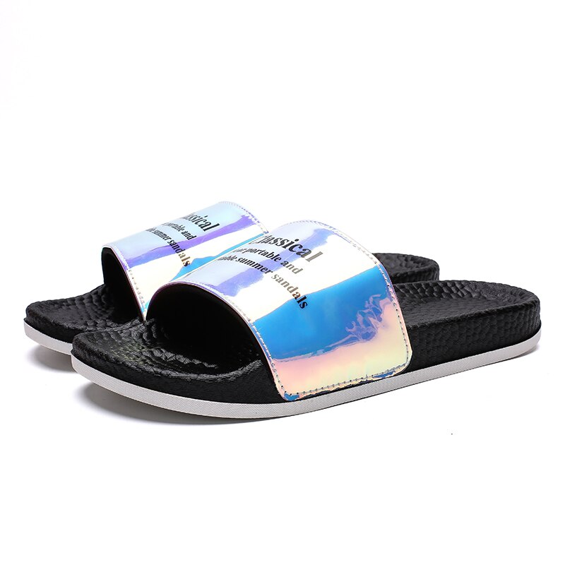 Sommar svarta tofflor herr halkfria tofflor herr mjuka bekväma blanka tofflor koreanska glitterskor zapatos de verano: Grön 516 / 44
