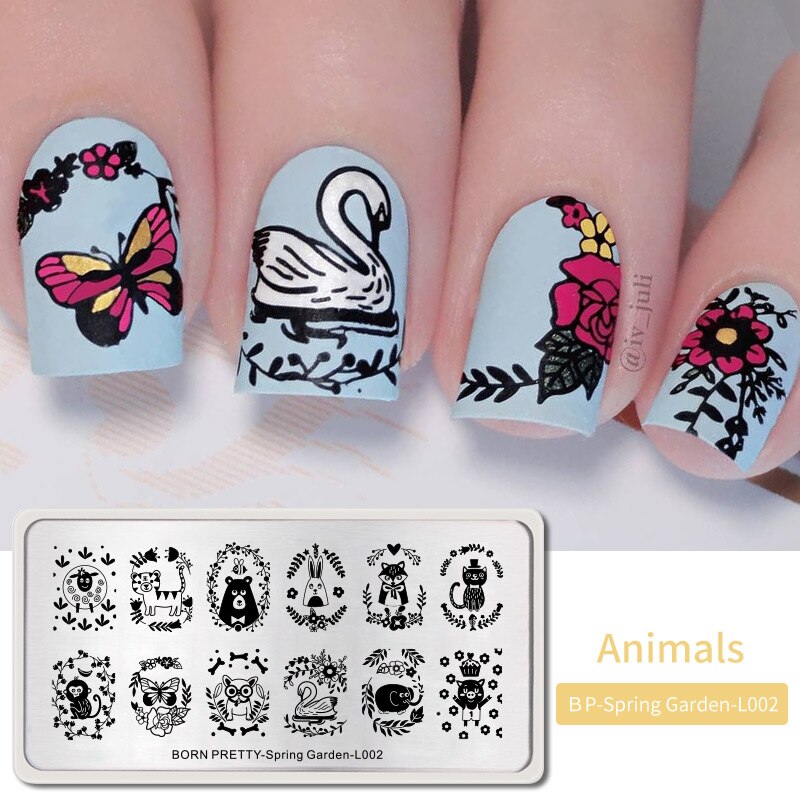 BORN PRETTY-placas para estampación, plantillas de estampado con motivos de animales bonitos, mariposas, manicura rectangular, impresión DIY de placas para uñas: BP-SpringL002