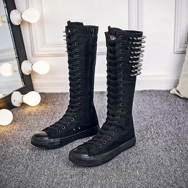 Ryamag-Botas planas de lona con remaches para mujer, calzado con cordones y cremallera, vulcanizado, Botas Largas, Punk,