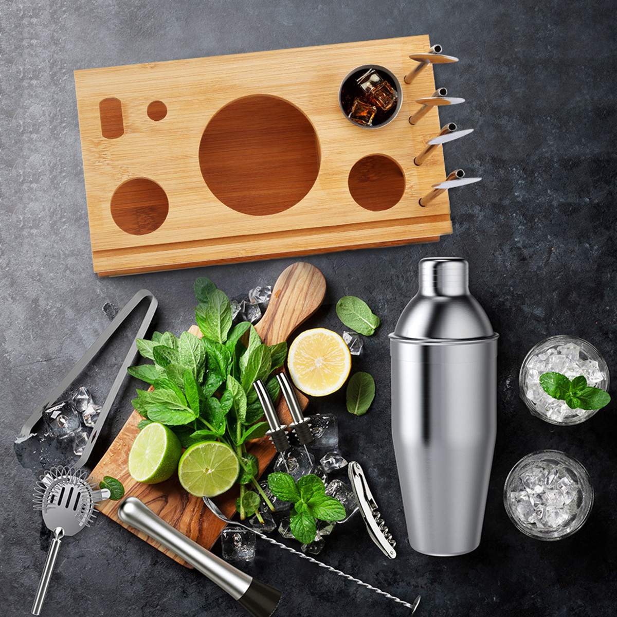 14pcs 550/750ml 304 Stainless Steel Cocktail Shaker Set Barware Kit with Bamboo Wine Rack for Bartender Drink Party Bar Tool Set