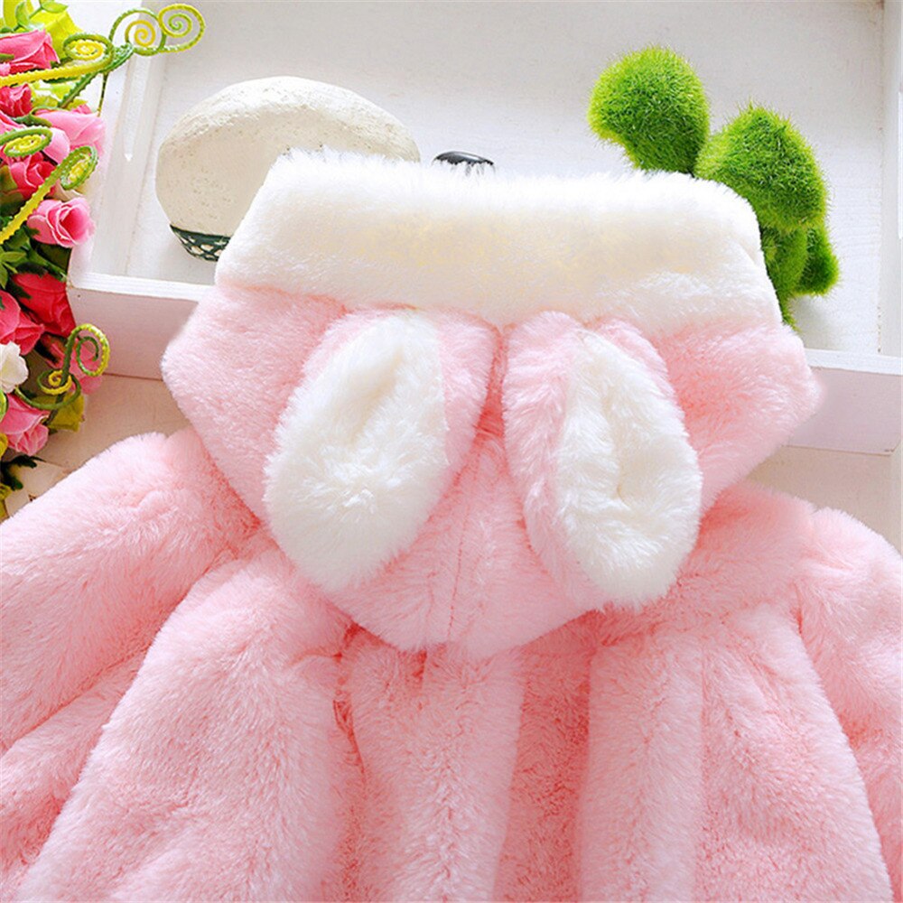 Baby Girl Cartoon Winter Coat with Cute Rabbit Ear Hoodie Warm Soft Coat Jacket Princess Pink Clothes for 0-24Months