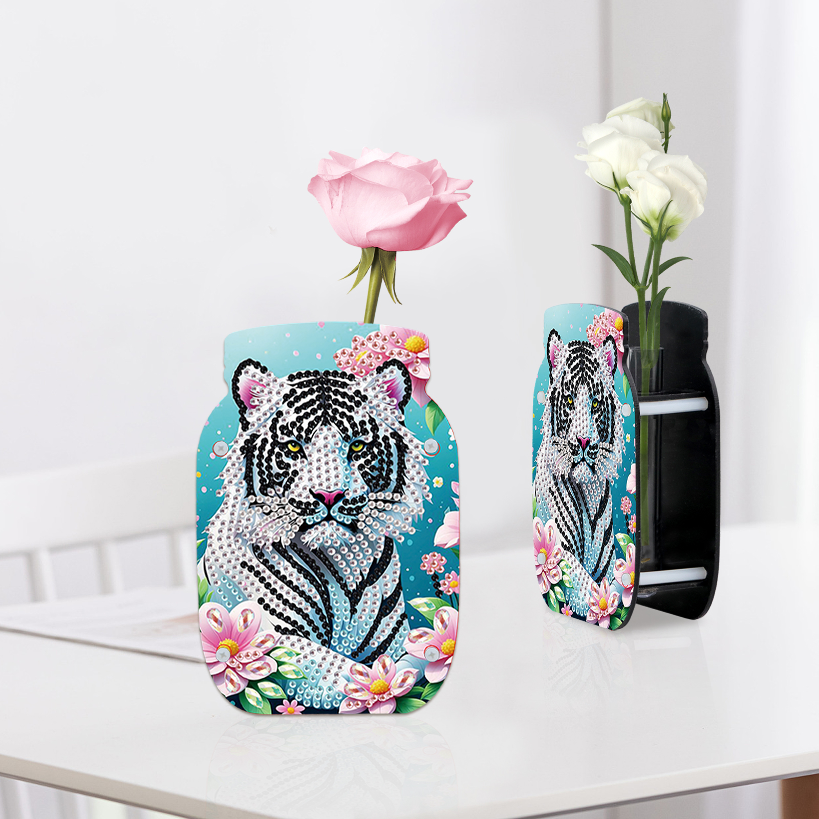 Diamond Art Painting Vaasset voor volwassenen, dierenpatroonvormige diamant acryl dubbelzijdige vaas voor thuis desktop decoratie cadeau: Paars