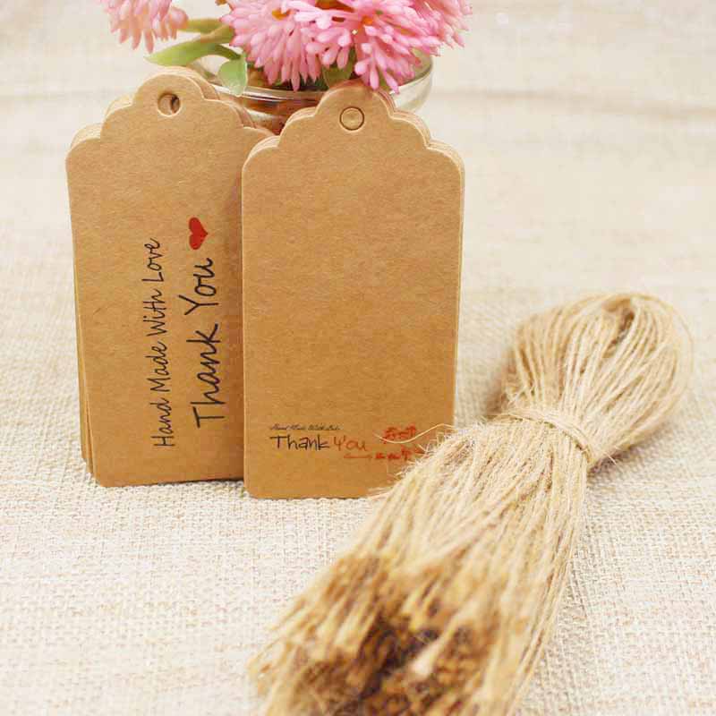 100 Pcs + 100 Pcs String Kraft Diy Dank Je Tag Jacobsschelp Vorm 8*4cm Papier Karton Bagagelabel