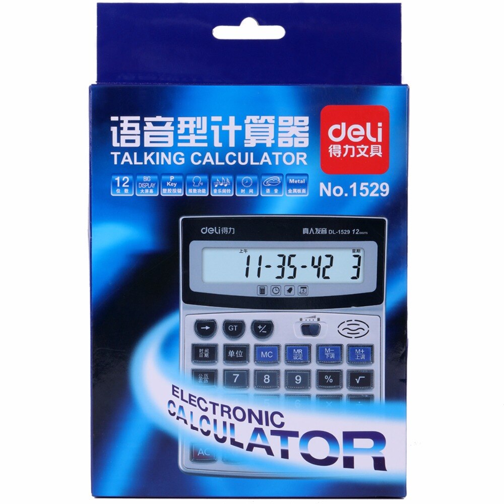 Deli 1 Pcs 12 Digit Display Desktop Rekenmachine Batterij Aangedreven Grote Stem Met Klok Calculator Kantoorbenodigdheden