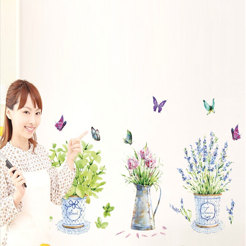 Diy wallstickers hjemmeinnredning potte blomsterpotte sommerfugl kjøkken vindu glass baderomsdekaler vanntett
