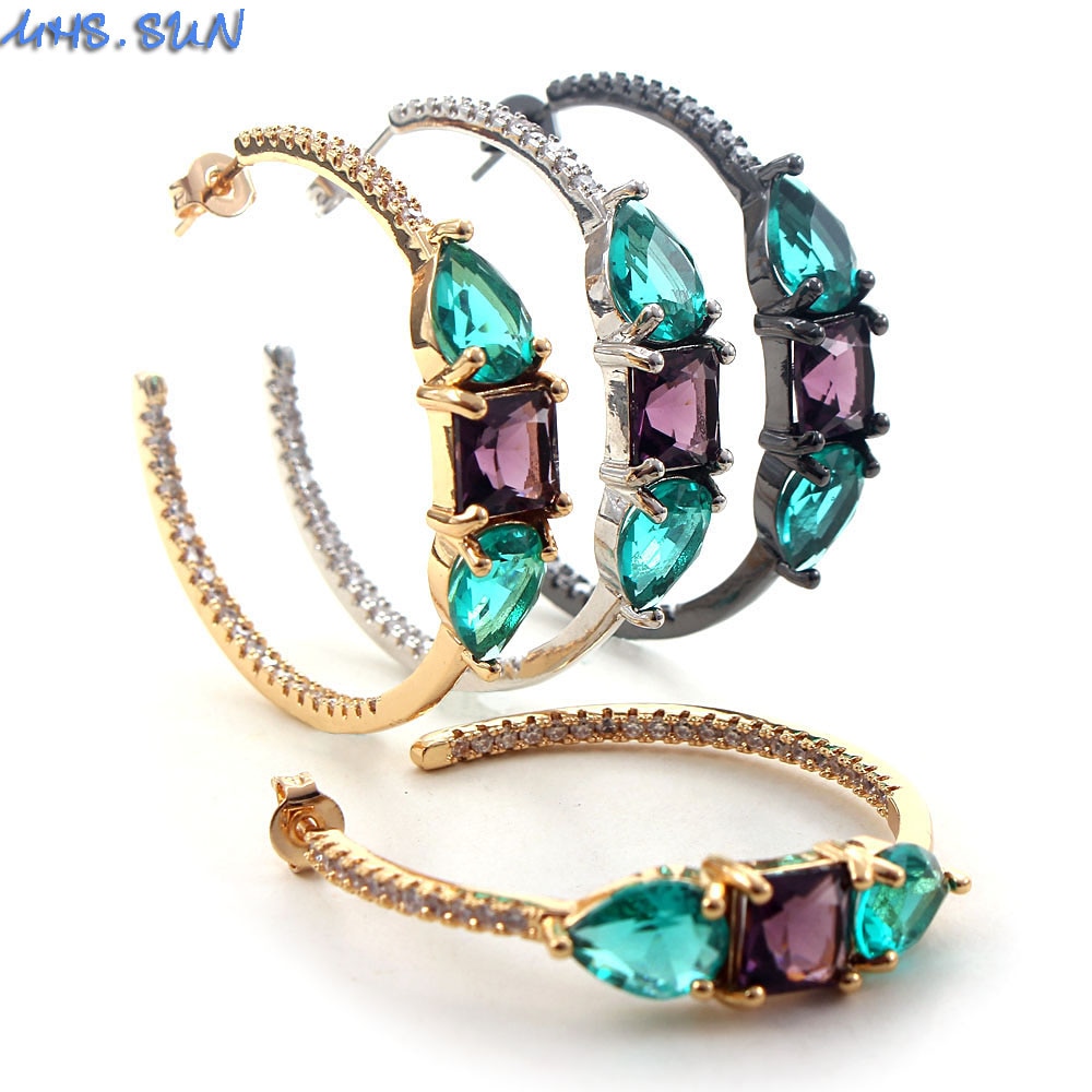 MHS.SUN Geometric Cubic Zircon Women Hoop Earrings Crystal Earrings For Female Jewelry Party