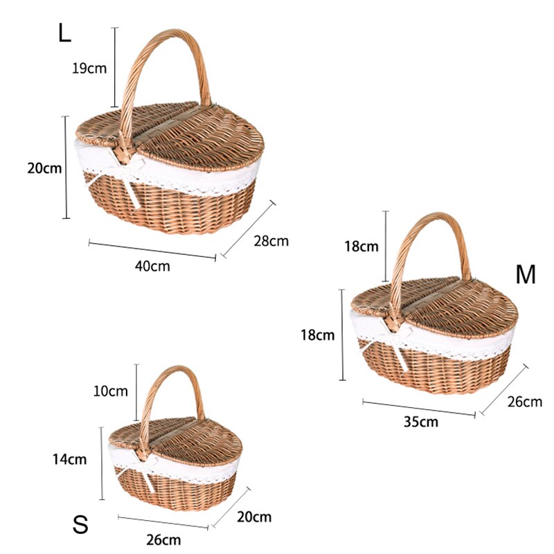 Cesta de Picnic hecha a mano, bolsas de mimbre para el almuerzo, cesta de almacenamiento de Compras de para Camping con tapa, cesta de almacenamiento de alimentos tejida para mujeres, cesta para fruta