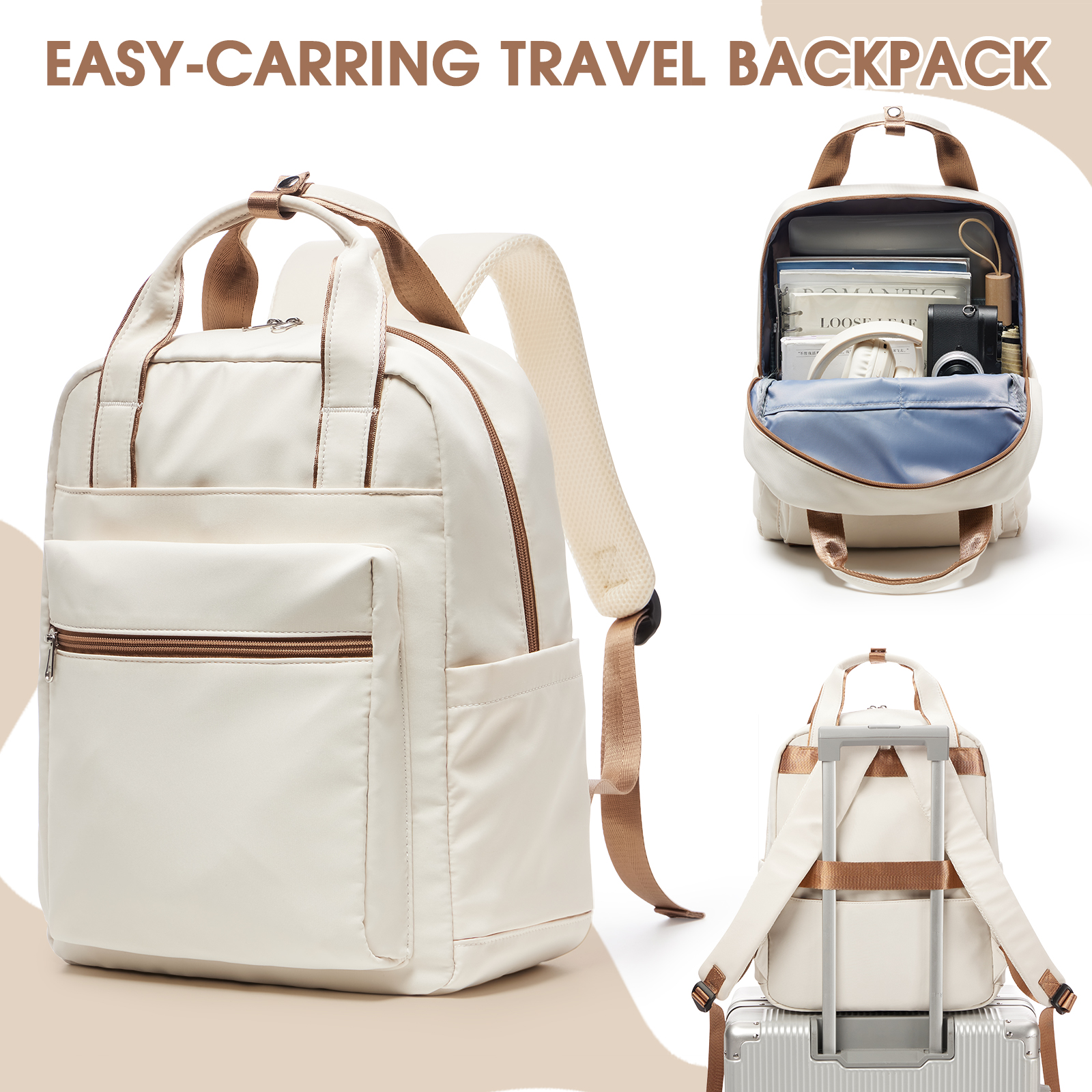 Women's Backpack Simple Travel Backpack Shoulder Bag Commuting Teenager Girls Casual College Backpack Ins Laptop Bag: Beige