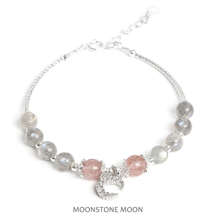 Morango quartzo pulseira moonstone 925 prata esterlina pulseira para mulheres presentes artesanais moda jóias: MOONSTONE MOON