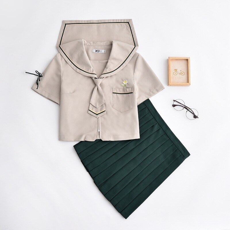 Japanese JK uniform British College style Sailor suit Student school uniform Brown Short sleeve suit Women Pleated Skirt Summer