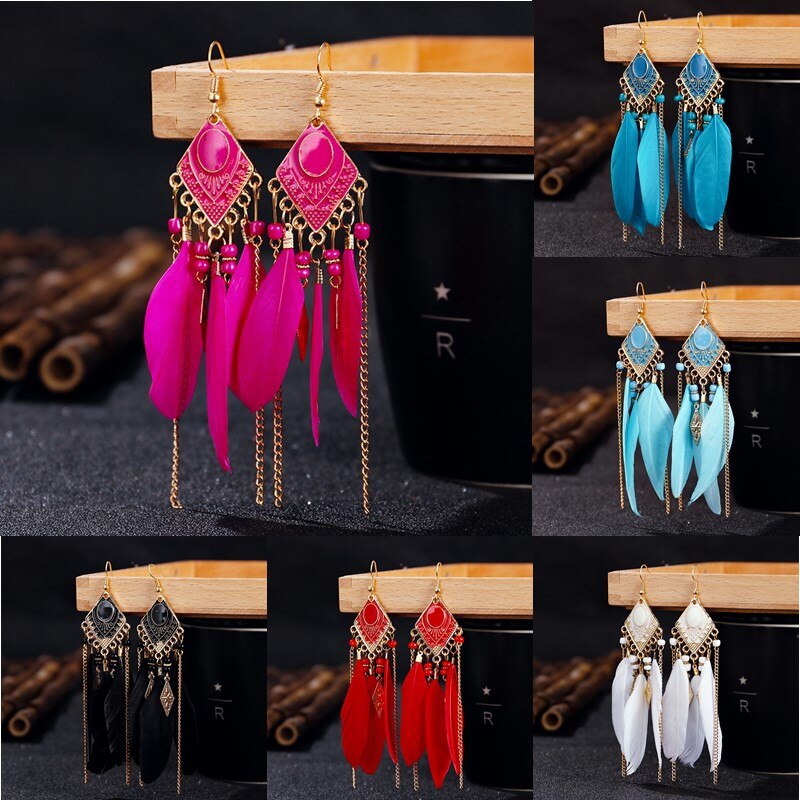 Pendientes con forma de diamante, joyería Popular con goteo de aceite, Retro, pluma, borla, Vintage, étnico, bohemio, de lujo