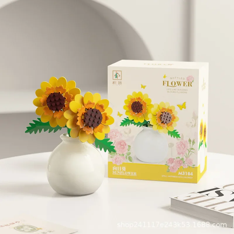 Building block pot plant bouquet of flowers, roses, lily building blocks, toys with flower pots, cute living room ornaments: Blue