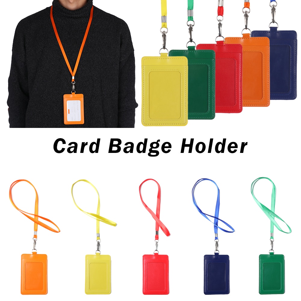 PU Leather Card Holder With Rope Lanyard double card sleeve ID Badge Case Clear Bank Credit Card Badge Holder Office Supplies