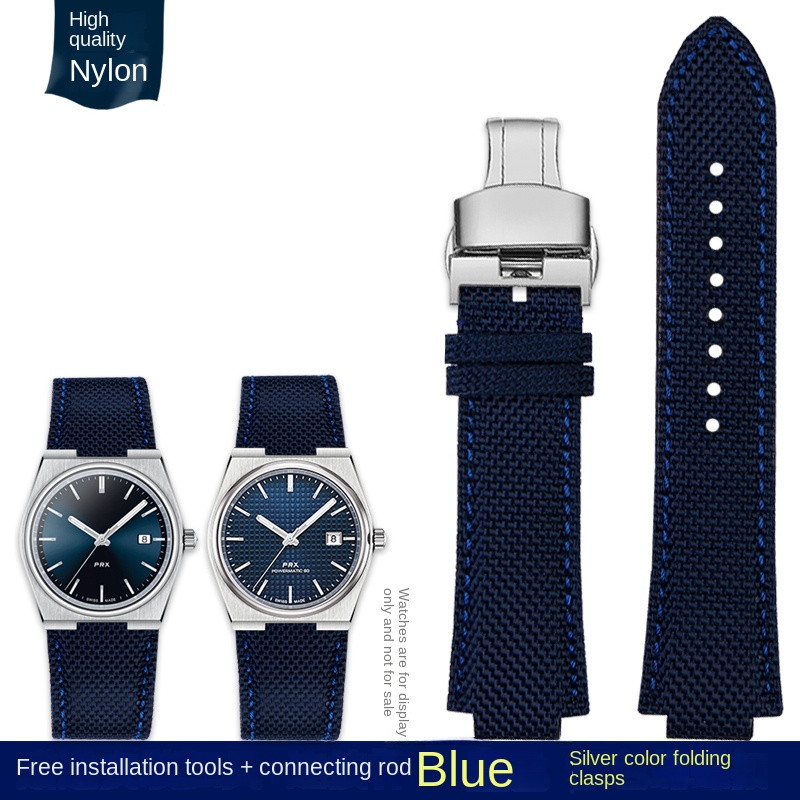Para reloj de hombre Tissot 1853 Super Player PRX Series T137.410 correa de reloj de cuero de nailon modificado 26-12mm correa de reloj de boca convexa: Blue pink