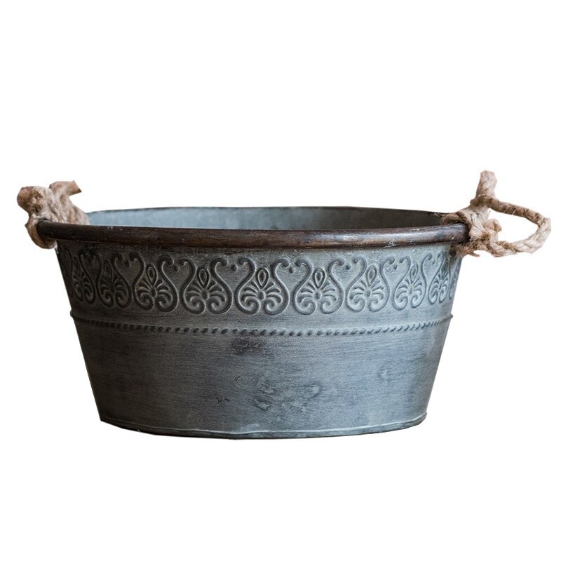 Wastafel Amerikaanse Platteland Vintage Stijl Ronde Gegalvaniseerd Kruid Planter Met Hennep Touw Handvat 22X9.5cm: Default Title