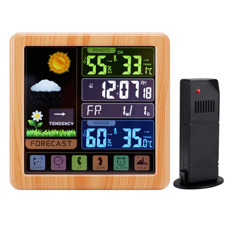Wood Wireless Weather Station, Indoor Outdoor Thermometer Hygrometer with Sensor, Digital Alarm Clock,Weather Forecast