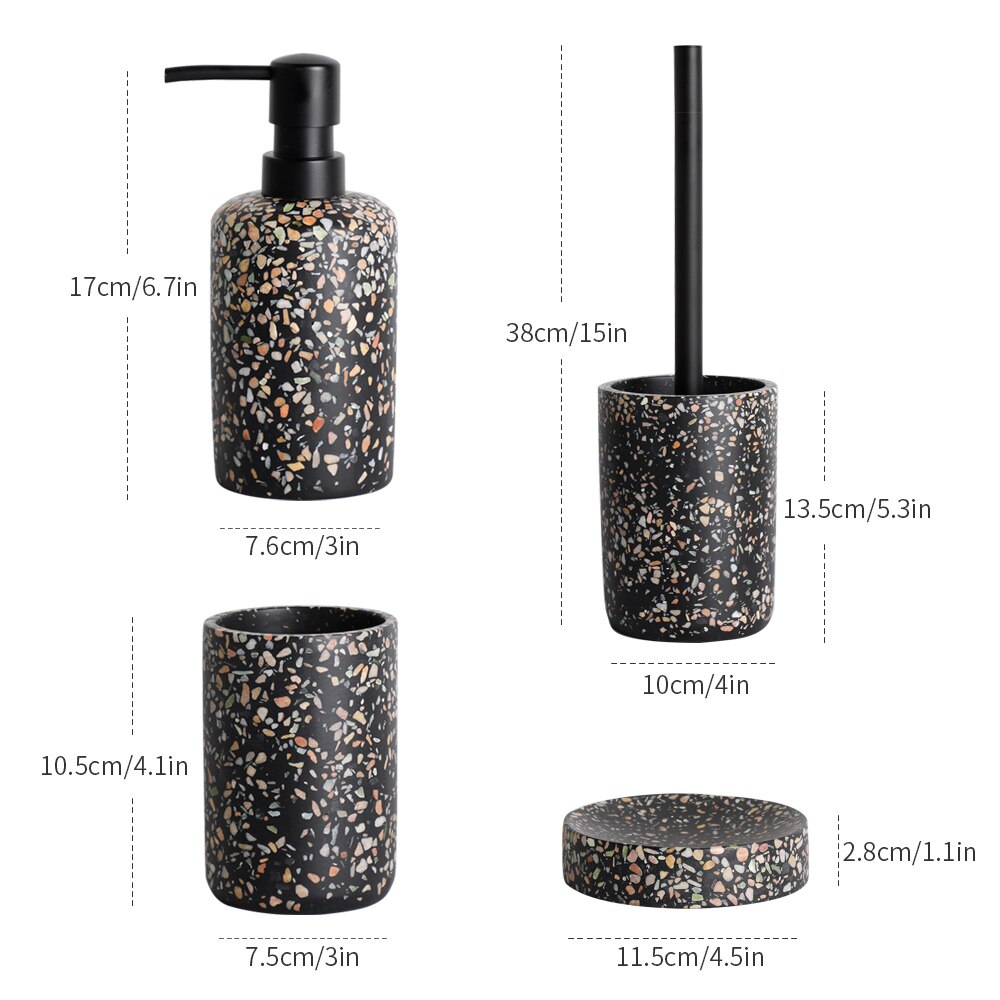 Badeværelsestilbehør sæt sort terrazzo harpiks tandbørsteholder sæbedispenser pumpe flaske tandpasta dispenser sæbeskål