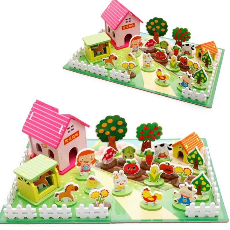 Poppenhuis Miniatuur Pretend Play Speelgoed Monteren Scenario Bouwsteen 3D Happy Farm Blokken Kinderen Houten Speelgoed Model Building