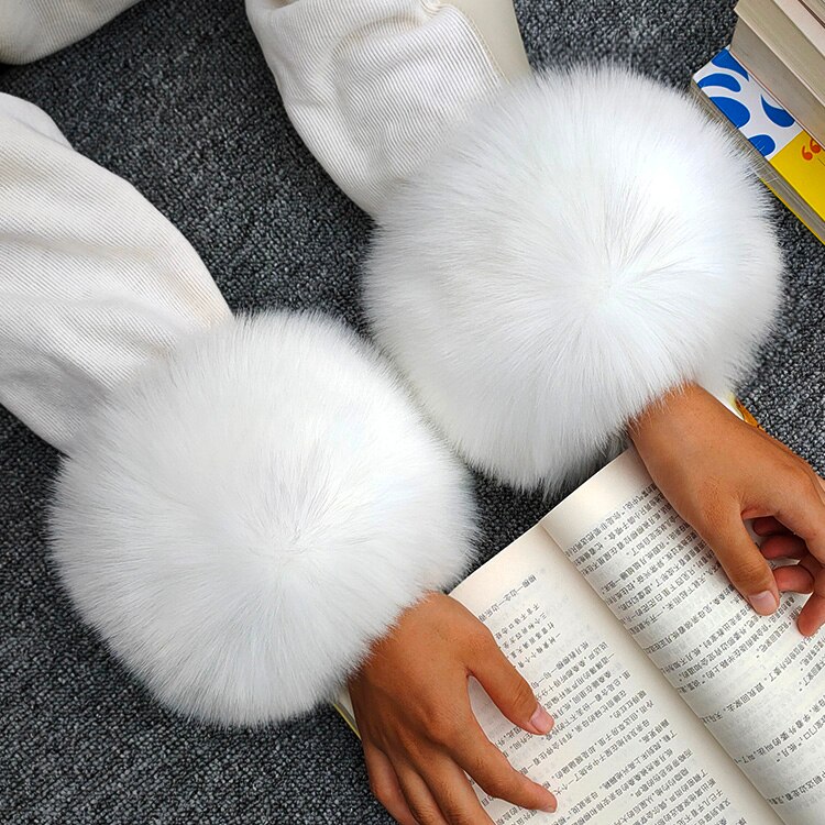 Brazalete de piel sintética para mujer, brazalete de piel de zorro, cálido, chaquetas, puños, abrigo sólido, universal: White