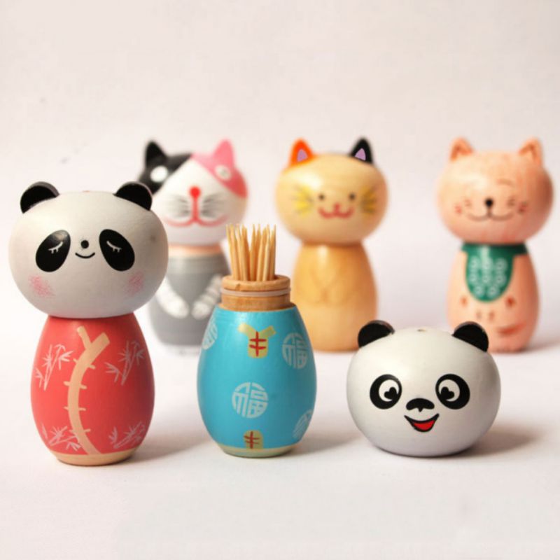 Cute Toothpick Holder Cartoon Animal Wood Toothpick Holder Unique Decorative Case Box Storage Organizer Home Table Decor