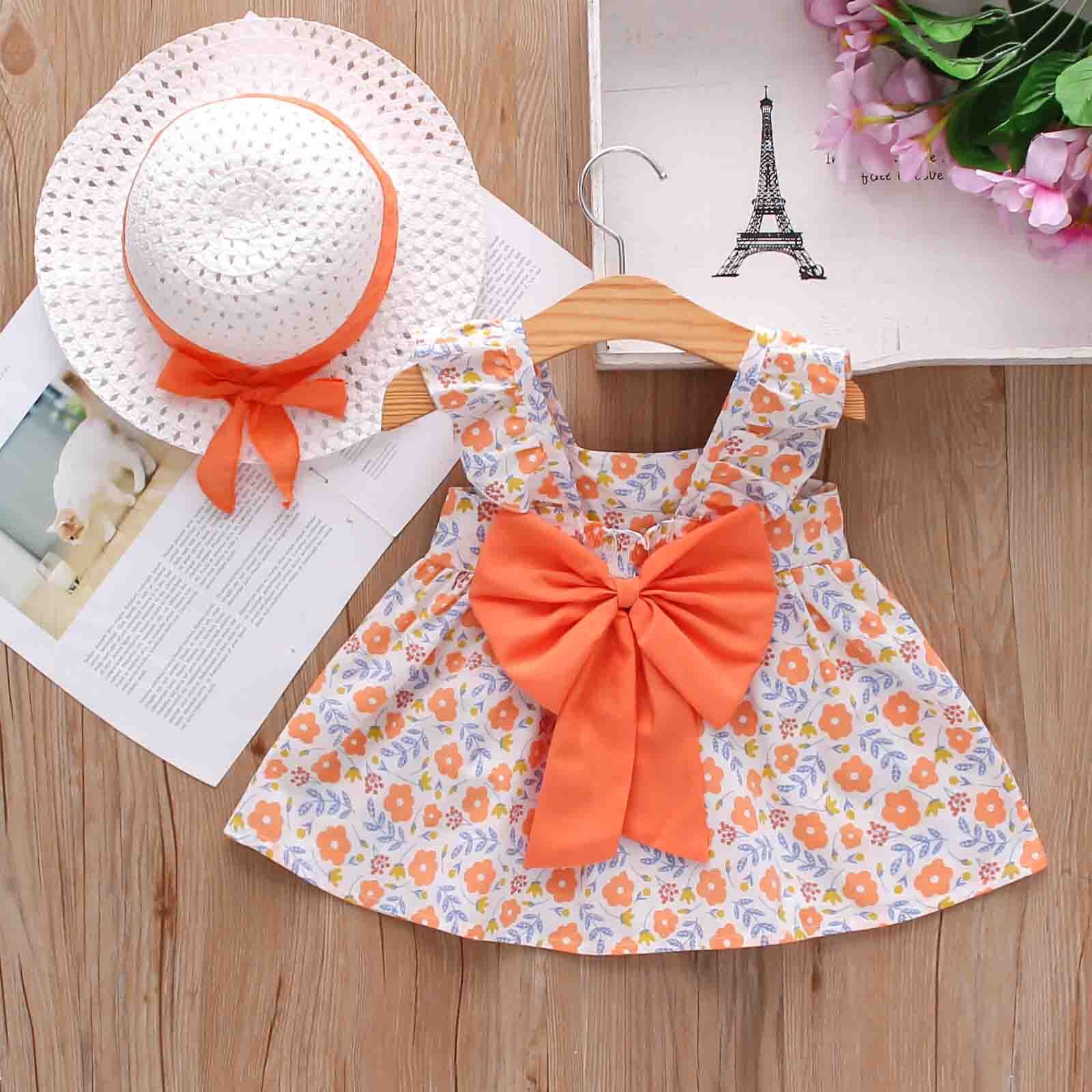 Peuter Meisjes Strik Jurk + Strooien Hoed Jurk Zomer Polka Dot Print Baby Kids Mouwloze Meisje Verjaardag Partyprincess Jurk Hoed: Orange  / 2T