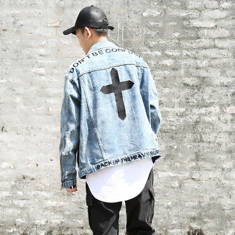 suelta chaqueta de Denim apenado chaqueta carta estampado de cruces de talla grande de los hombres de coreana Slim hombre chaquetas: blue / XXXL