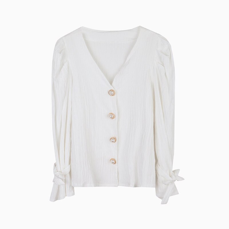 Alien Kitty Corea Retro elegancia Casual dulce perlas sólidas Chic suelta Vintage combina con todo Camisas de mujer: white