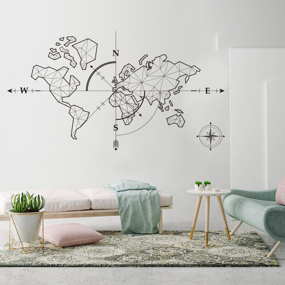 Large World Map Compass Earth Wall Sticker Office Classroom World Map Global Exploration Adventure Wall Decal Vinyl Decor LW91