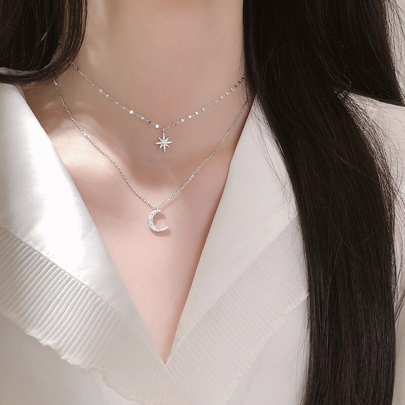 Simple Double Layer Star Moon Charm Necklace Delicate Clavicle Chain Zircon Necklace For Women Jewelry