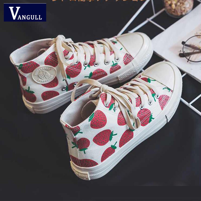 Vangull Lente Womens Aardbei Canvas Schoenen Hoge Top Wilde Studenten Schoenen Lage Top Zusters Snoep Schoenen Platform Sneakers