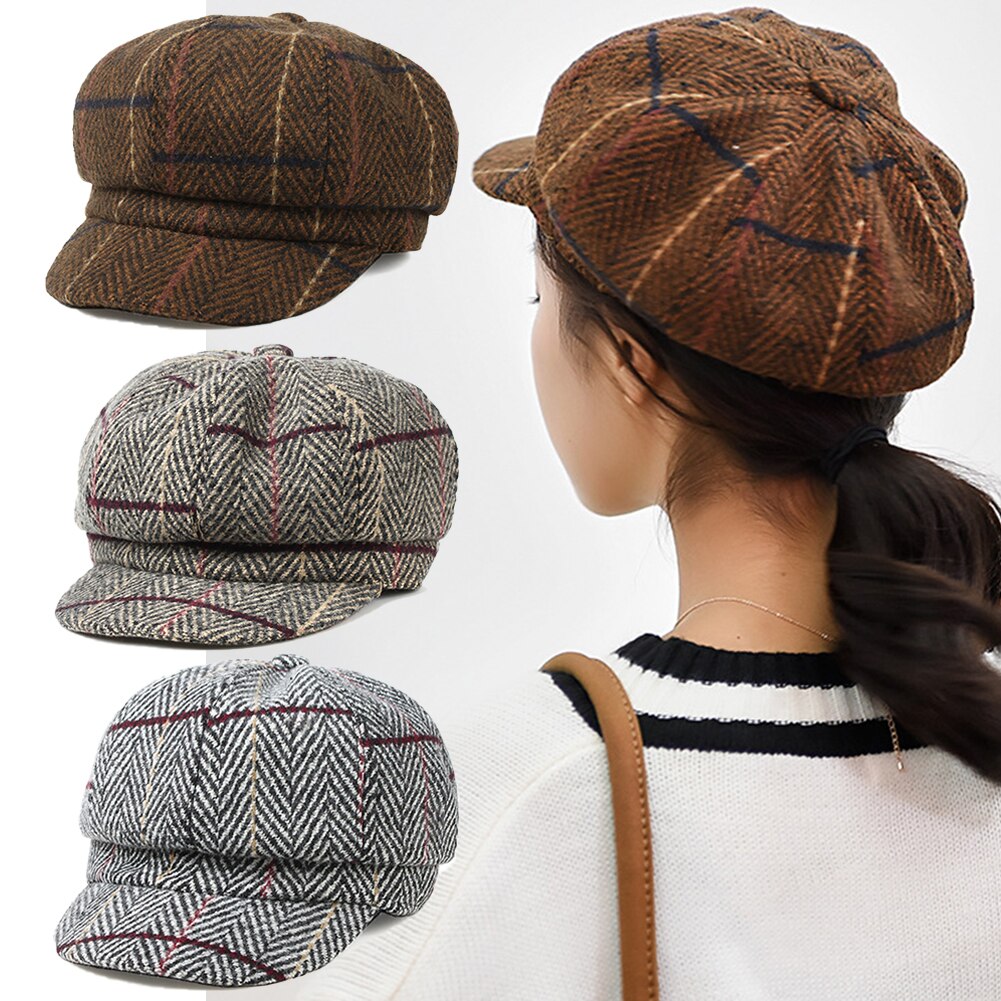Efterår vinter kvinder plaid bomuld flad kasket top hat hat afslappet baret kasket