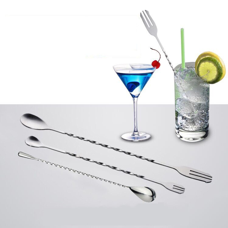 1Pcs Cocktail Fork Spoon Double Head Stainless Steel Cocktail Bar Durable Bar Appliances Stirring Rod Spiral Shape Kitchenware