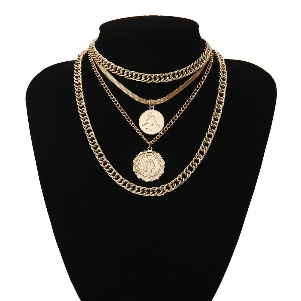 Lote de 2 unidades de COLLAR COLGANTE con retrato Vintage para mujer, gargantilla de cadena gruesa cubana multicapa, collar llamativo joyería para ,: Gold