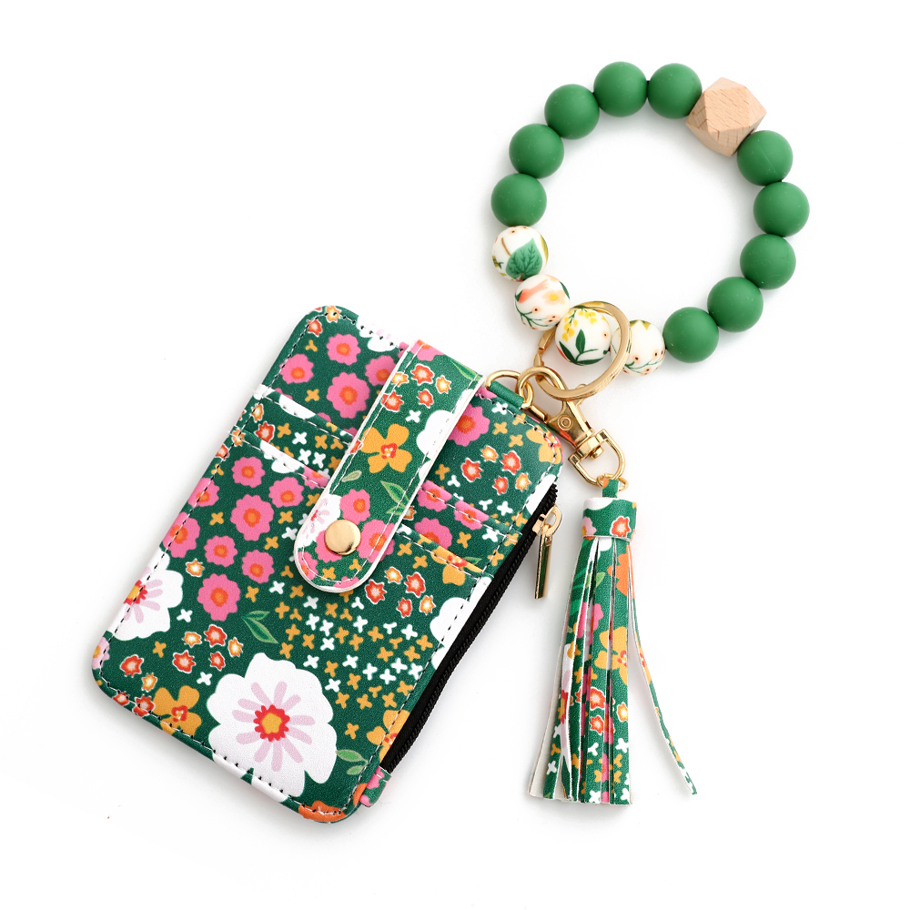 Silicone bead pu leather key chain wristlet id credit card holder keychain wallet for women Pink Flower Print Wallet: Pink