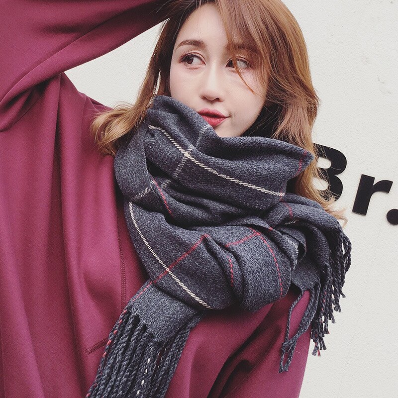 Otoño Invierno mujer Lana a cuadros bufanda mujer Cachemira bufandas anchas celosía chal largo abrigo manta tipet cálido: Dark Gray