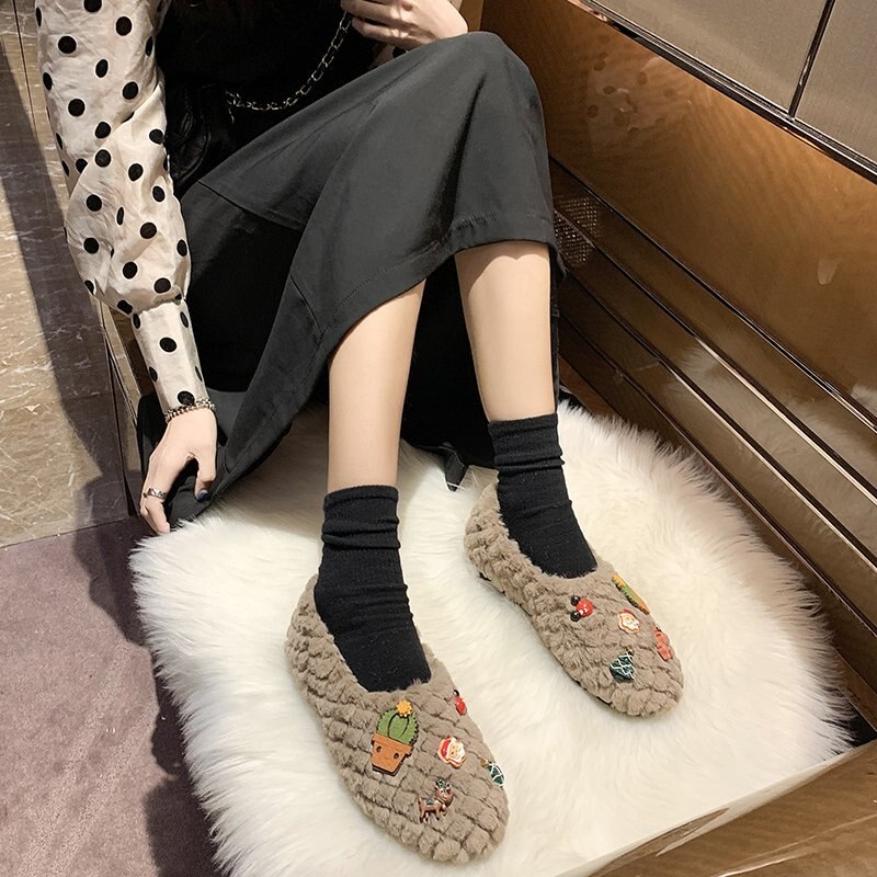 Sko kvinne komfortable og uformelle kvinnelige joggesko myke sko kvinner grunt munn kvinners mokasiner høst loafers pels