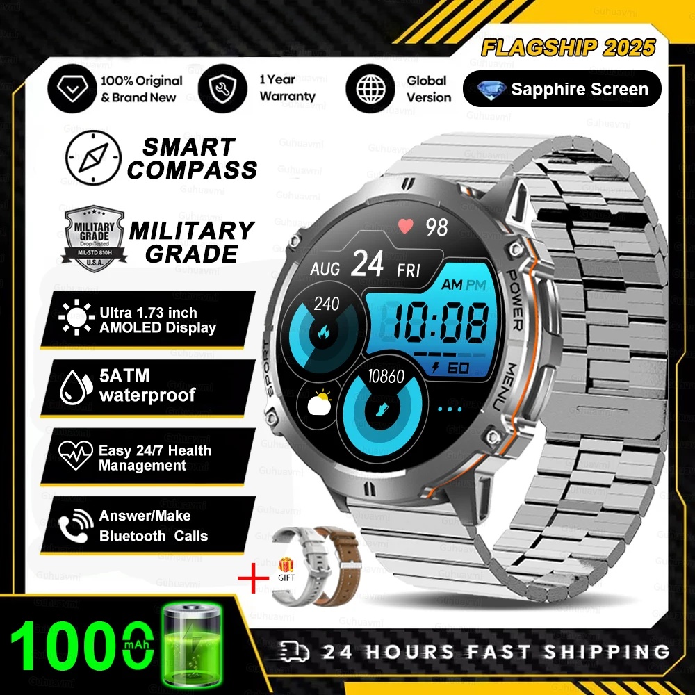 2025nuovo carro armato T3 ultra 2 GPS Astuto Della Vigilanza Degli Uomini Bussola Alltimetro 1000mAh Batteria 10ATM Impermeabile sport fitness AMOLED Chiama Orologi: Argento