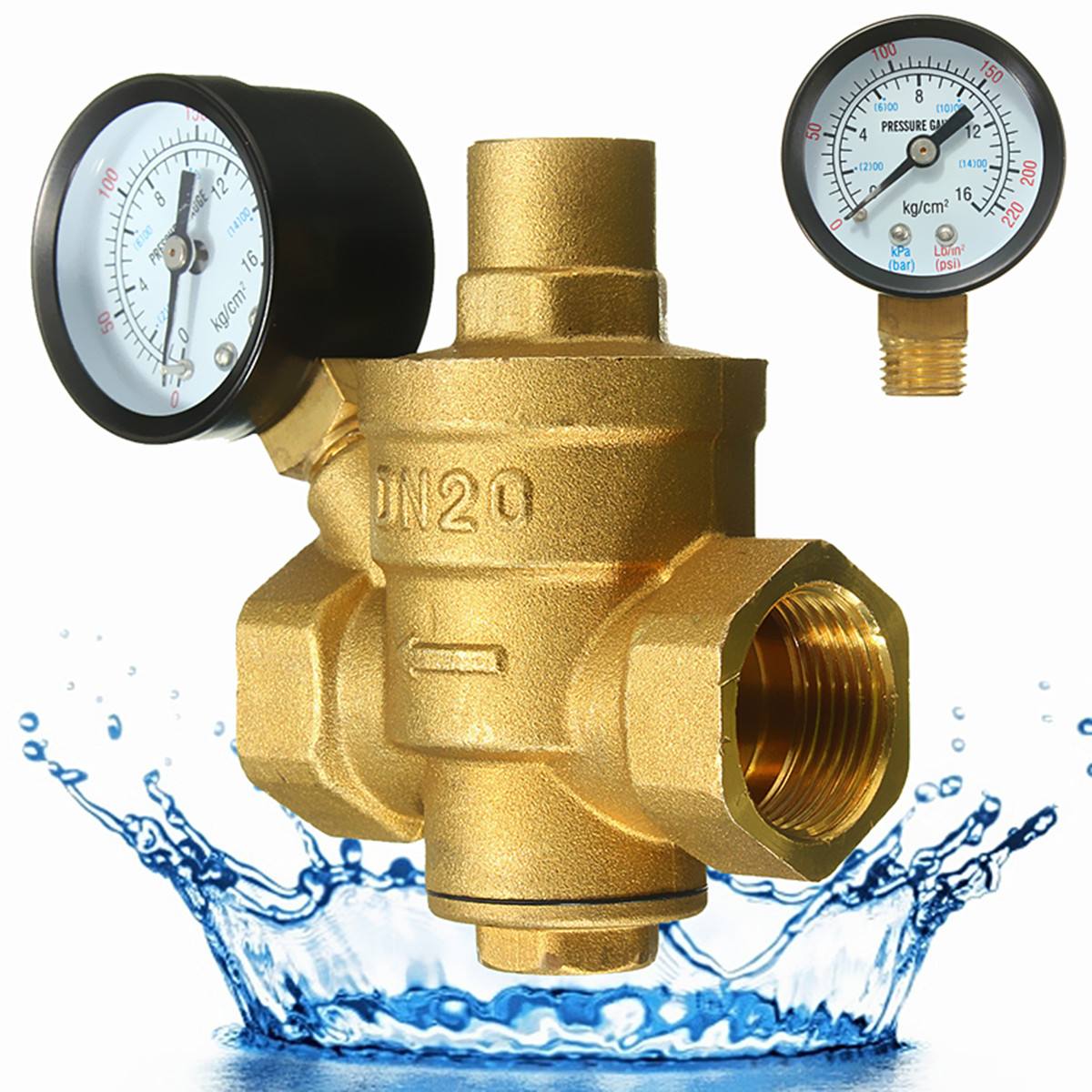 DN20 Brass Water Pressure Regulator Reducer PN16 3/4" Adjustable Valve Gauge Meter for Hydraulic Instability Water Purifier
