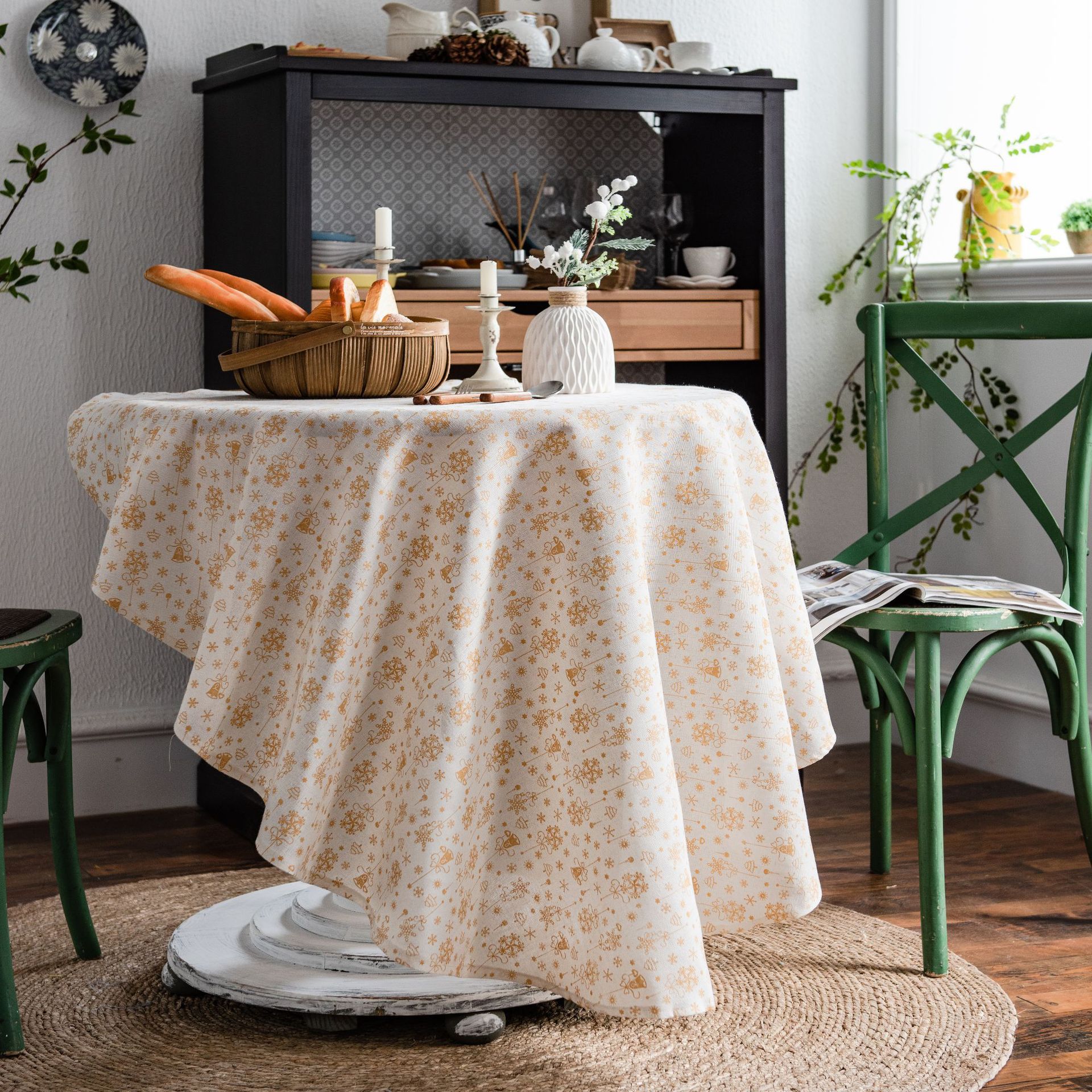 Ancienne Nappe Damassée Beige En Lin Avec Serviette, Broderie Vintage, Linge De Table