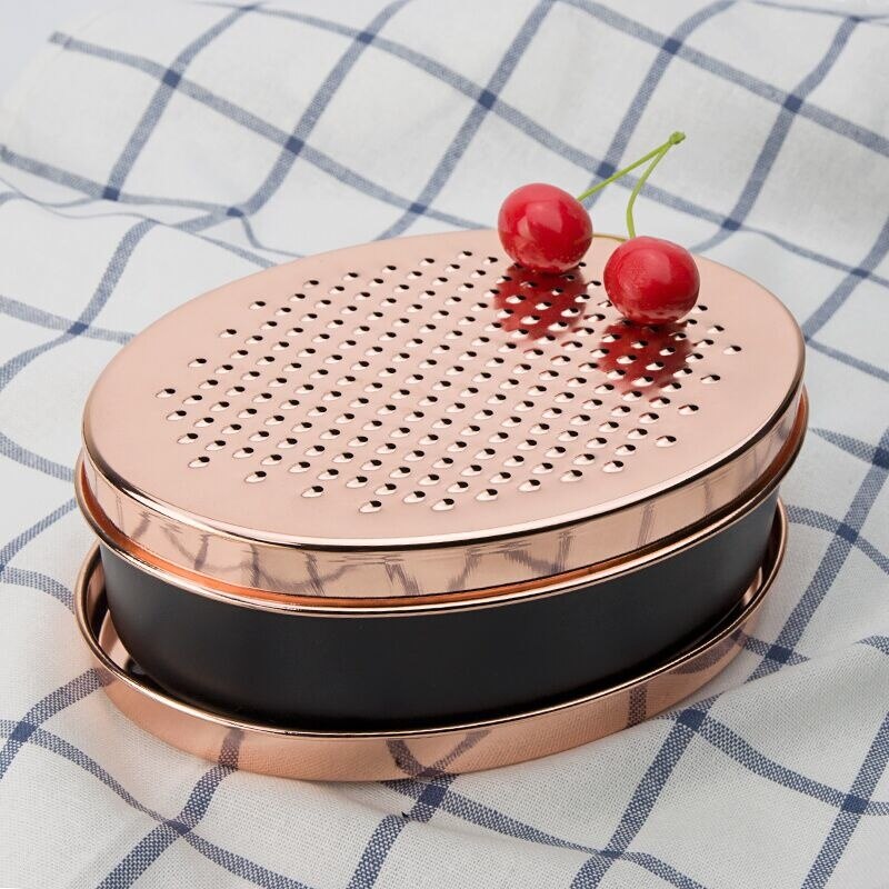 Rallador de queso de oro rosa, rebanador multifuncional, contenedor ovalado de verduras, herramientas de frutas rápidas de fácil limpieza con 2 cuchillas ralladoras
