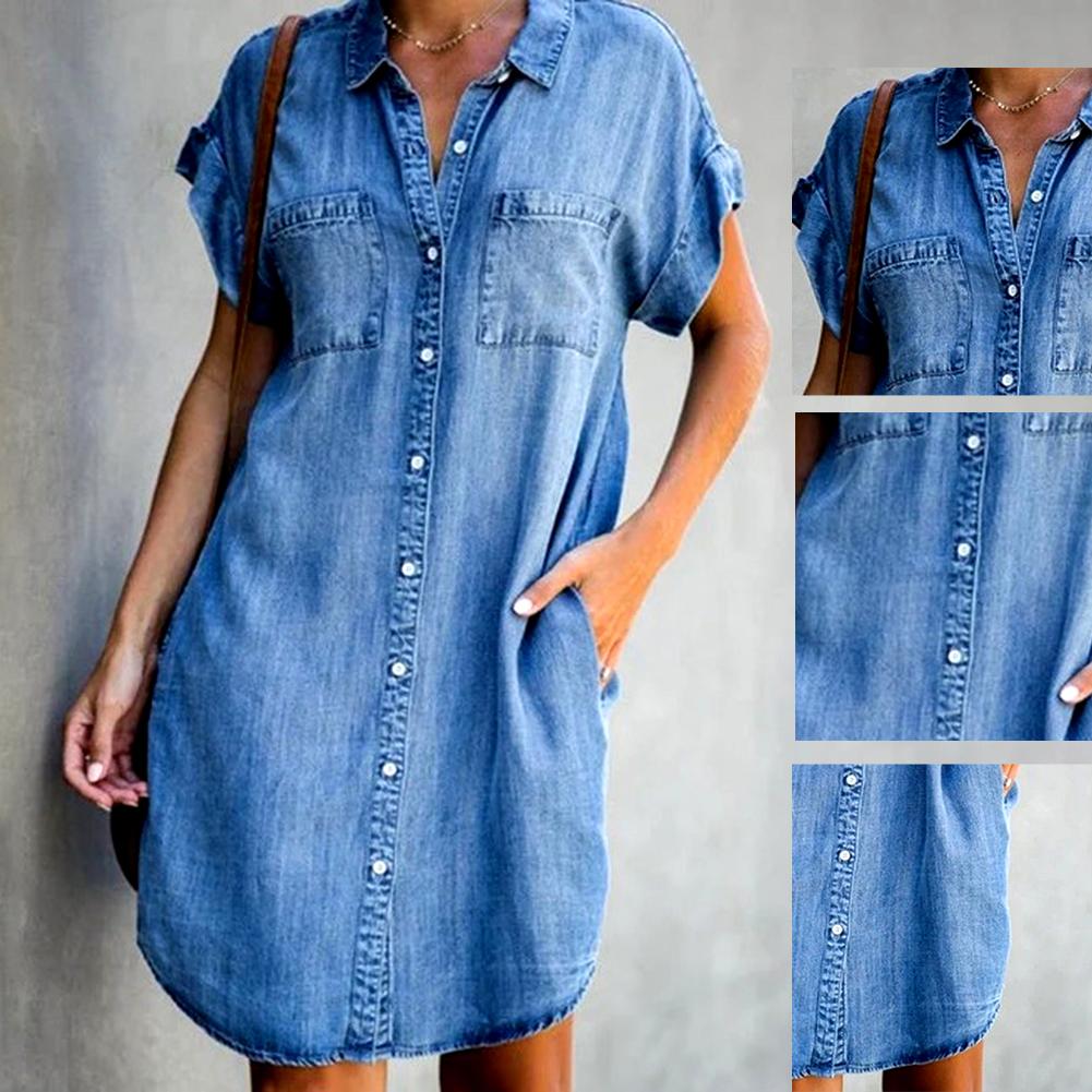 Plus Size Denim Jurk Vrouwen Korte Mouwen Zakken Single-Breasted Onregelmatige Zoom Knielange Losse Jurk Lente Zomer jurken