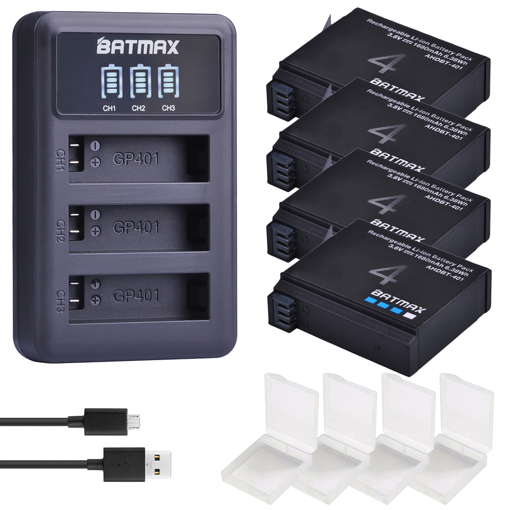 4 Stuks 1680Mah Gopro Hero 4 Batterij Vervanging + Led 3-Slots Usb Lader Voor Gopro HERO4 Gopro AHDBT-401 Actie Camera Bateria: 4 Battery 1 Charger