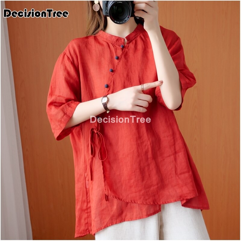 2022 Vrouwen Hanfu Tops Chinese Katoen Linnen Qipao Shirt Chinese Stijl Traditionele Vrouwen Rode Tang Pak Losse Hanfu Blouse