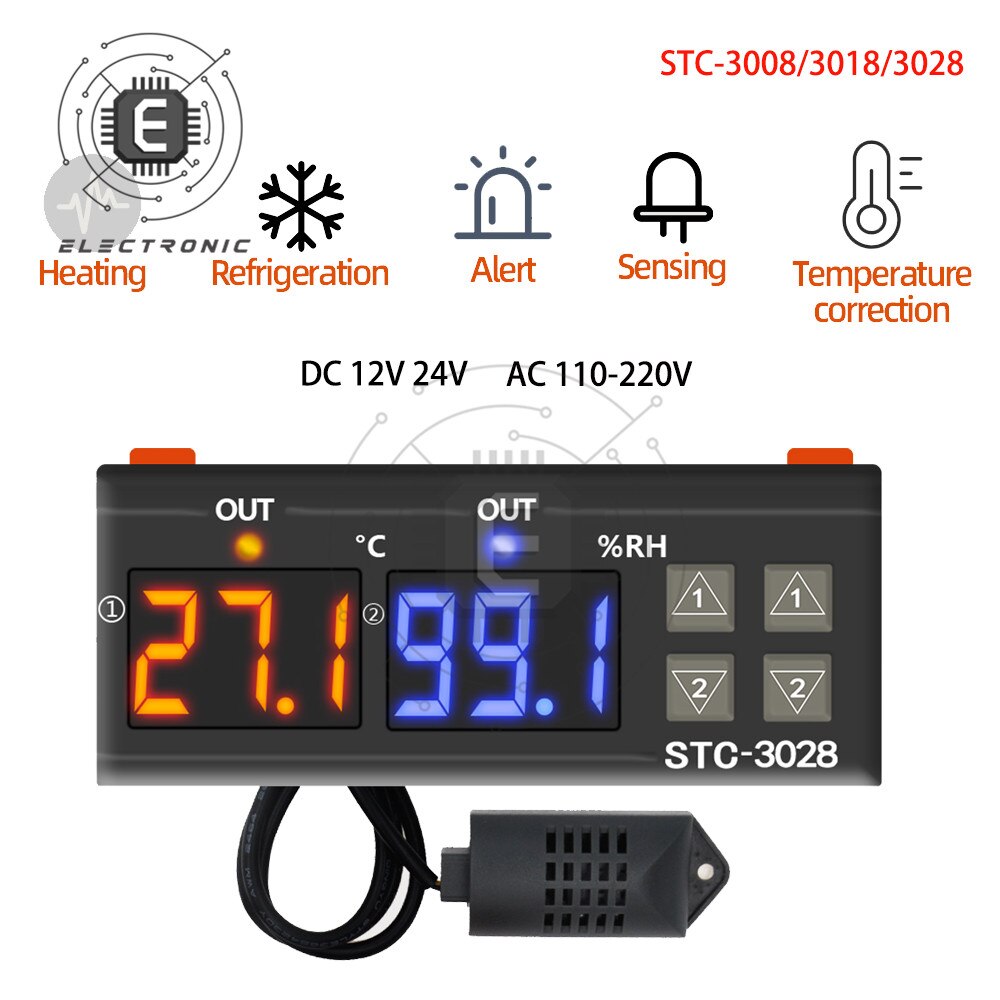 STC-3008 3018, 3028 AC 110-220V DC12V 24V 10A doble Digital controlador de temperatura del higrómetro del calefacción, refrigeración, termostato incubadora